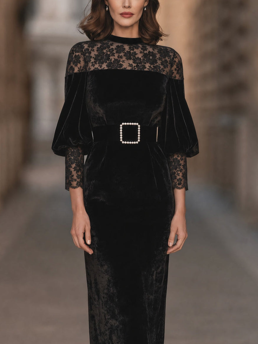 Fulvia | Black Velvet Lace Midi Dress