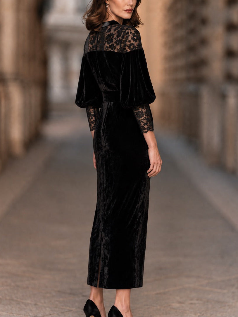 Fulvia | Black Velvet Lace Midi Dress