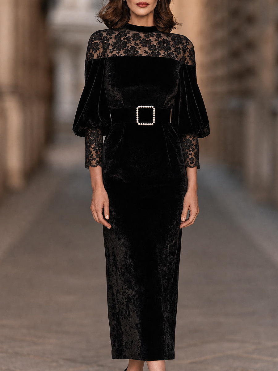 Fulvia | Black Velvet Lace Midi Dress