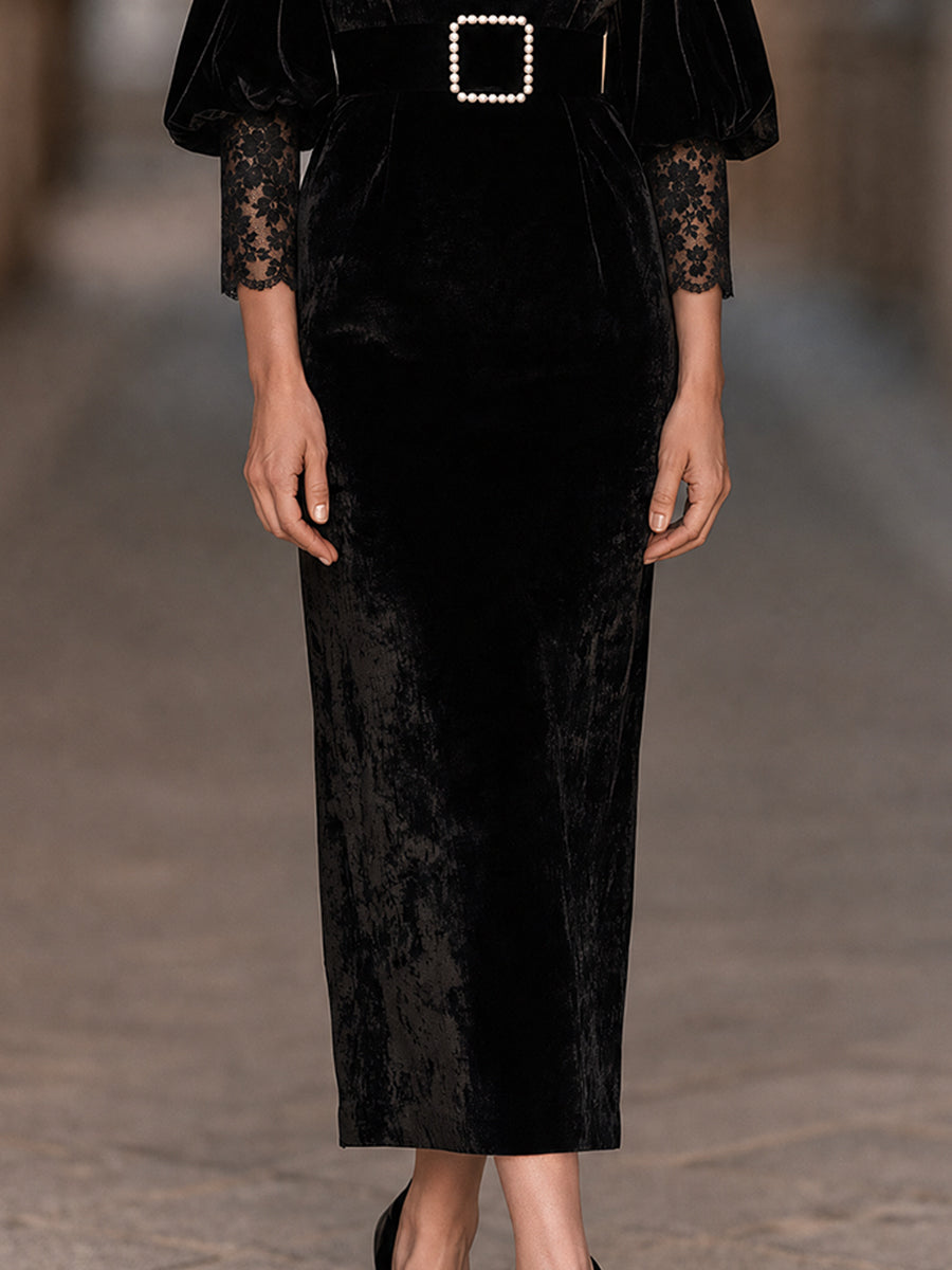 Fulvia | Black Velvet Lace Midi Dress