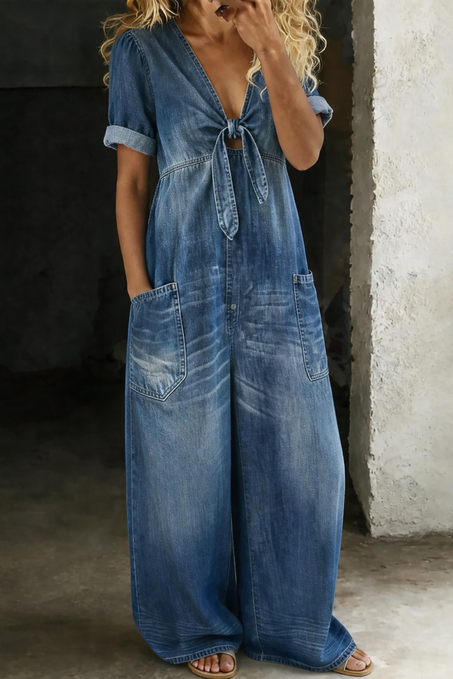 Solmira | Tie Front Denim Jumpsuit