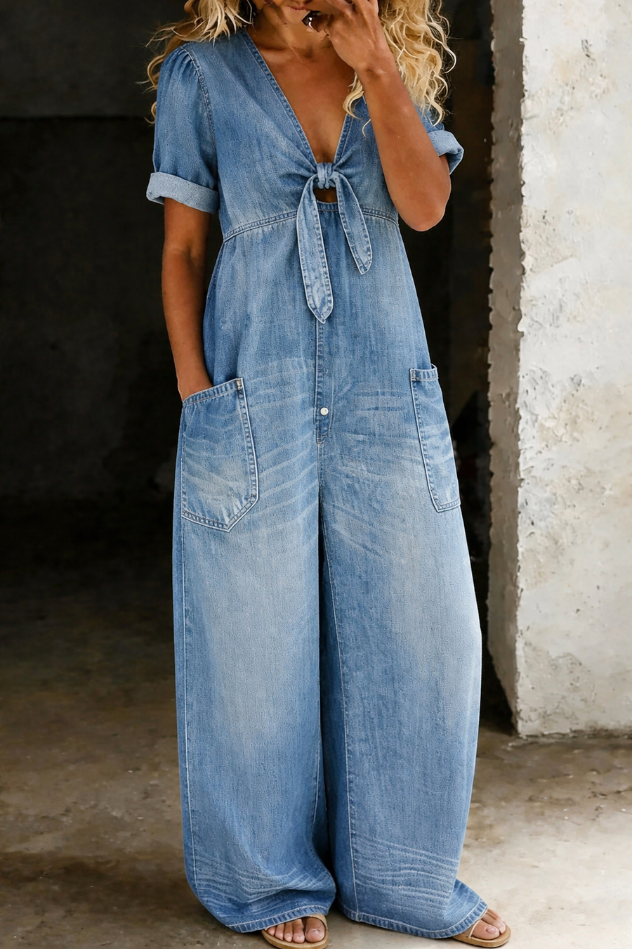 Solmira | Tie Front Denim Jumpsuit