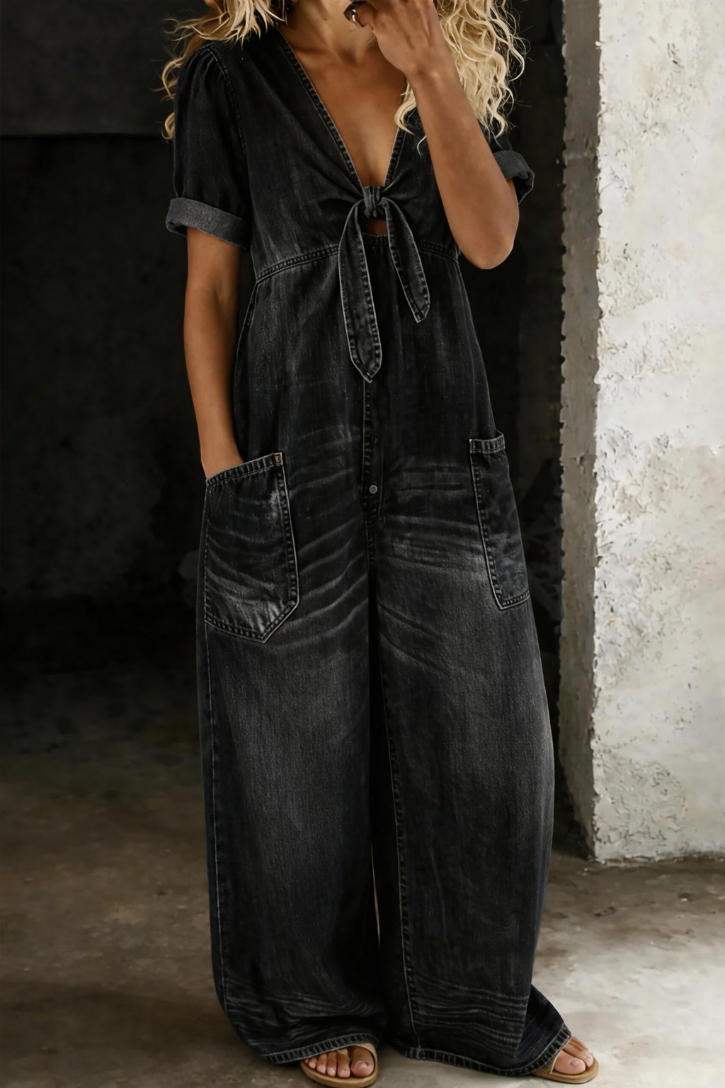 Solmira | Tie Front Denim Jumpsuit