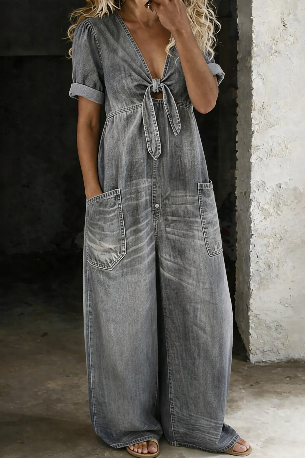 Solmira | Tie Front Denim Jumpsuit