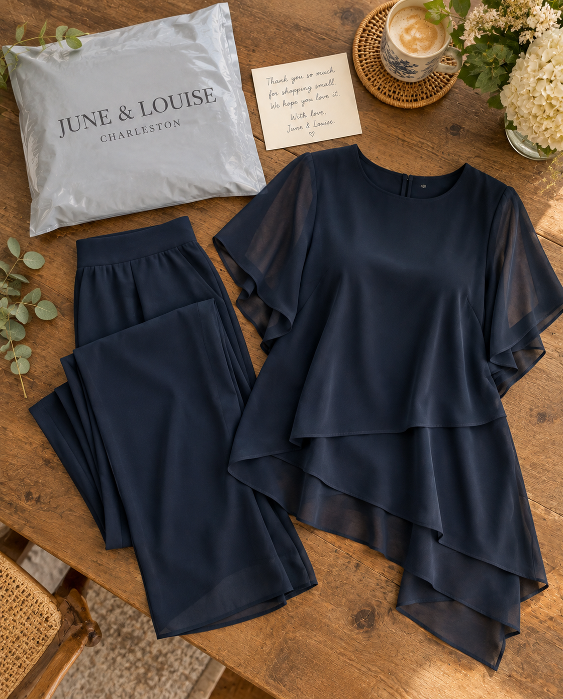 The Elara Set folded beside June & Louise packaging with a handwritten card resting on top.