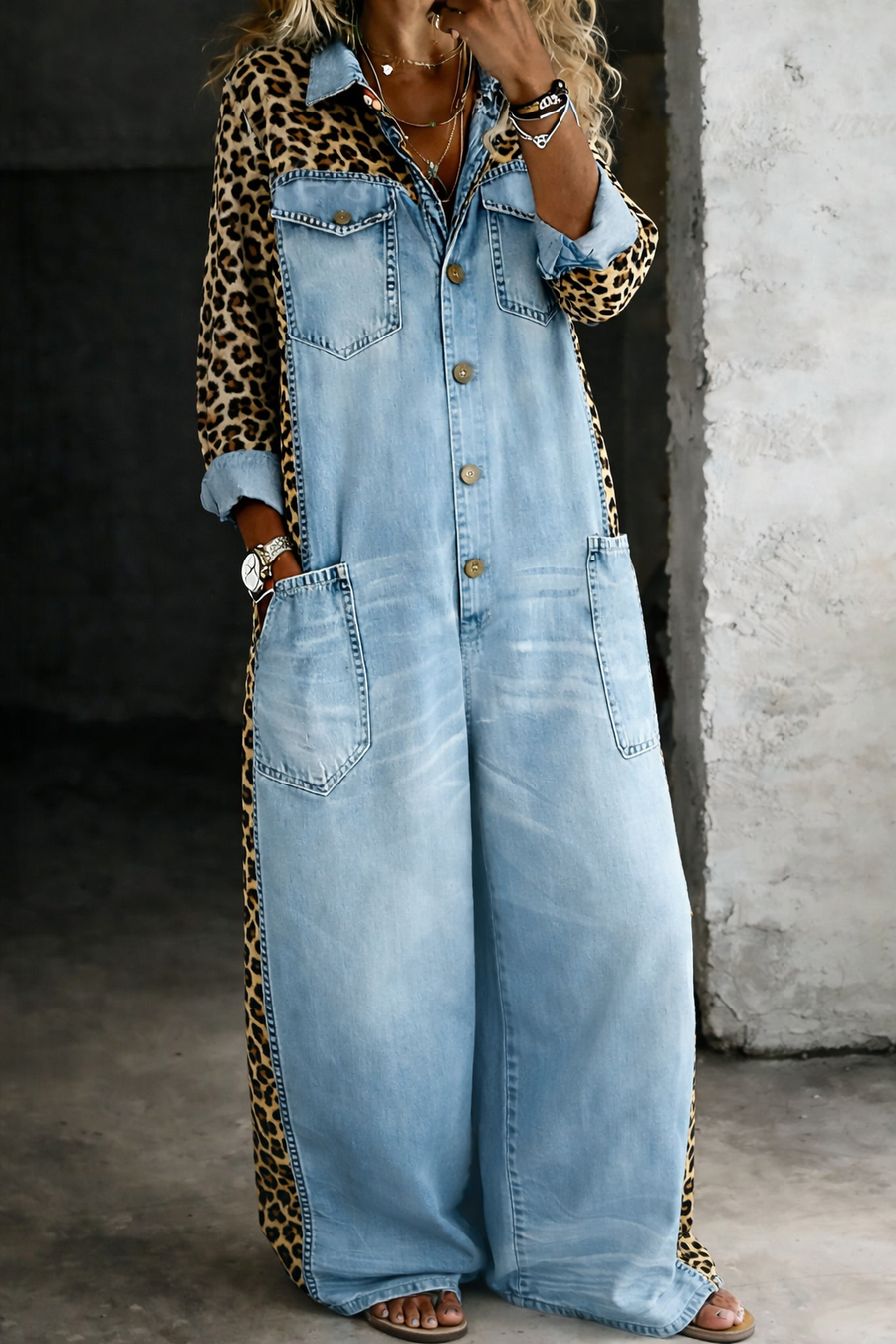 Leontine | Leopard Contrast Denim Jumpsuit
