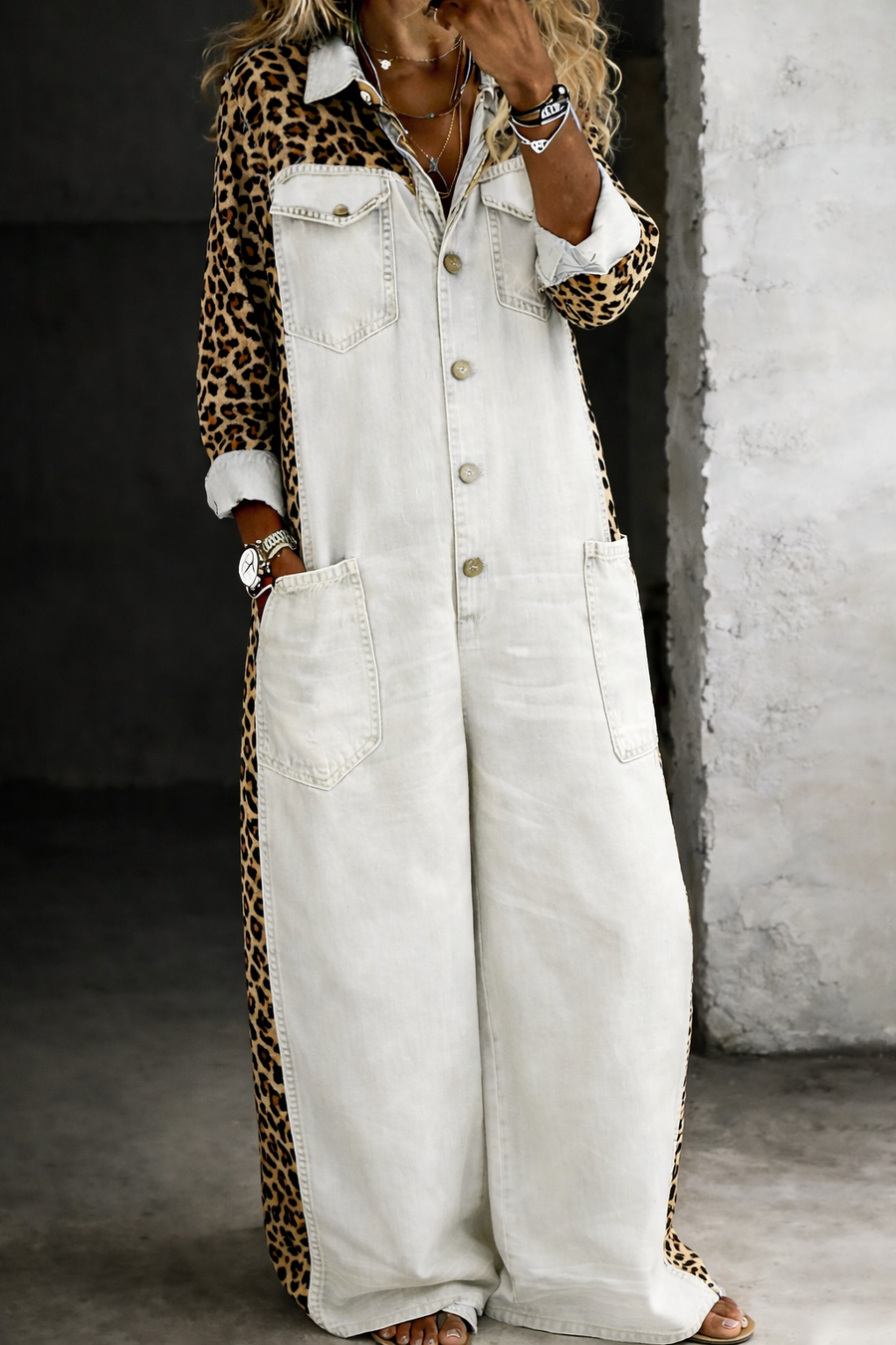 Leontine - Leopard Contrast Wide-Leg Denim Jumpsuit