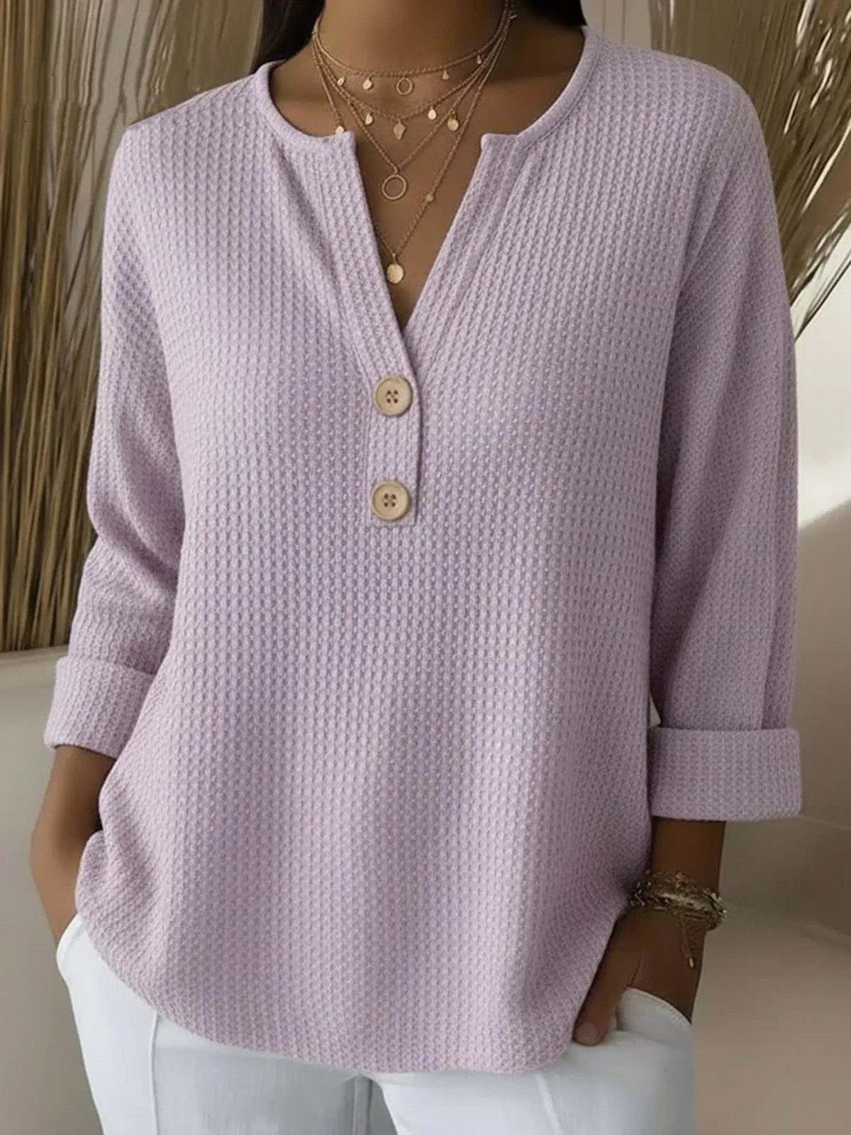 Amabile | Textured Henley Knit Top with Buttons