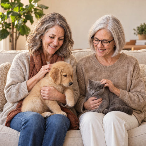 June and Louise at home with a puppy and a kitten
