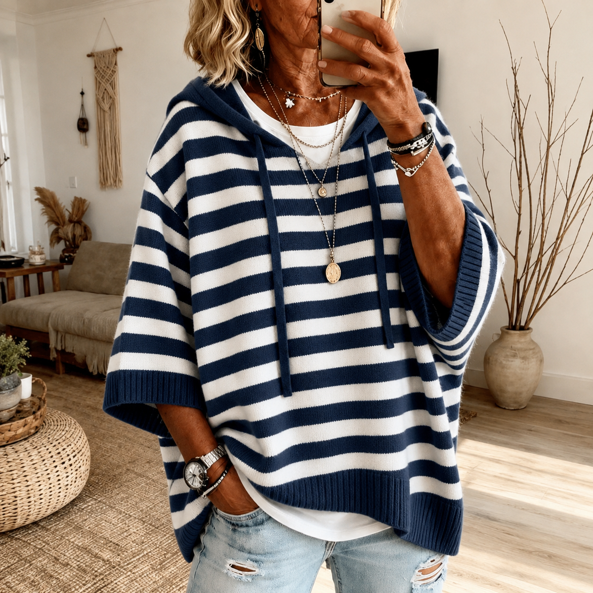 Marine | Navy Blue Striped Poncho Sweater