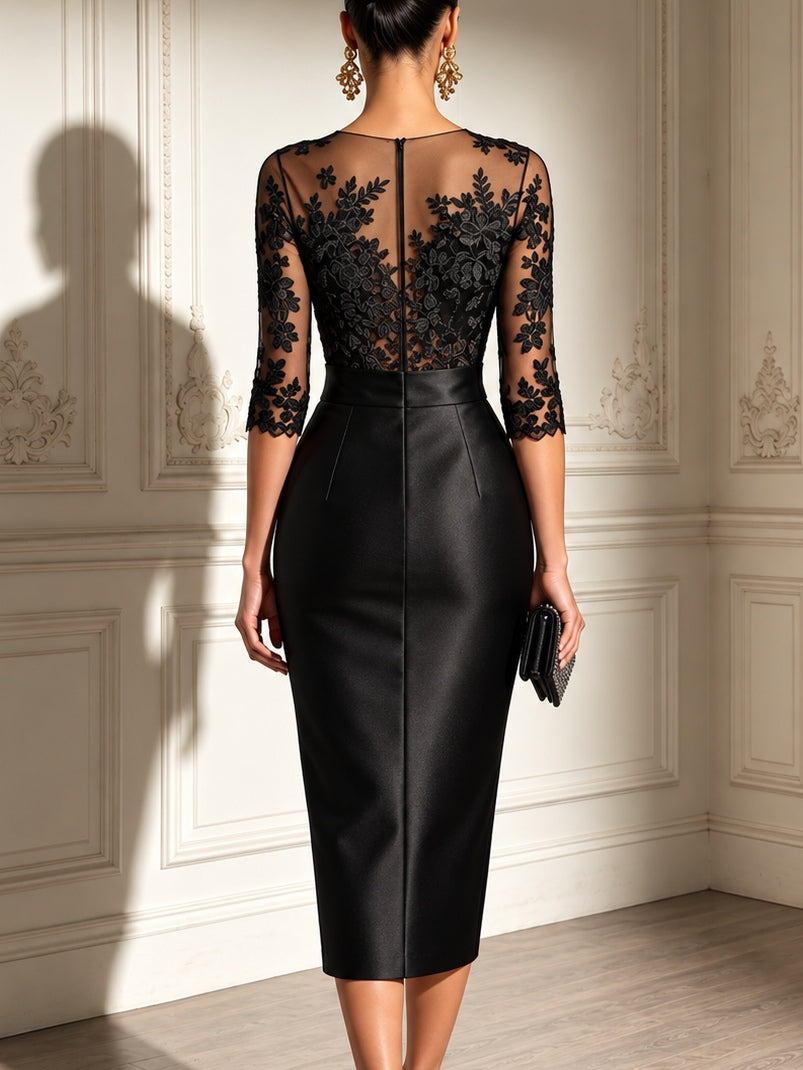 Velia | Black Lace Bodice Midi Dress