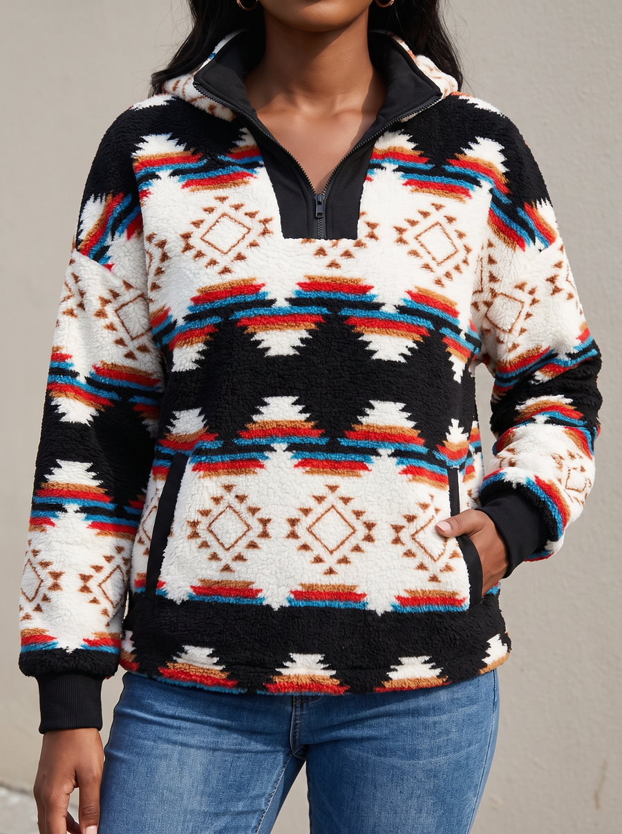 Zephyrine | Shawl-Neck Aztec Sherpa Pullover