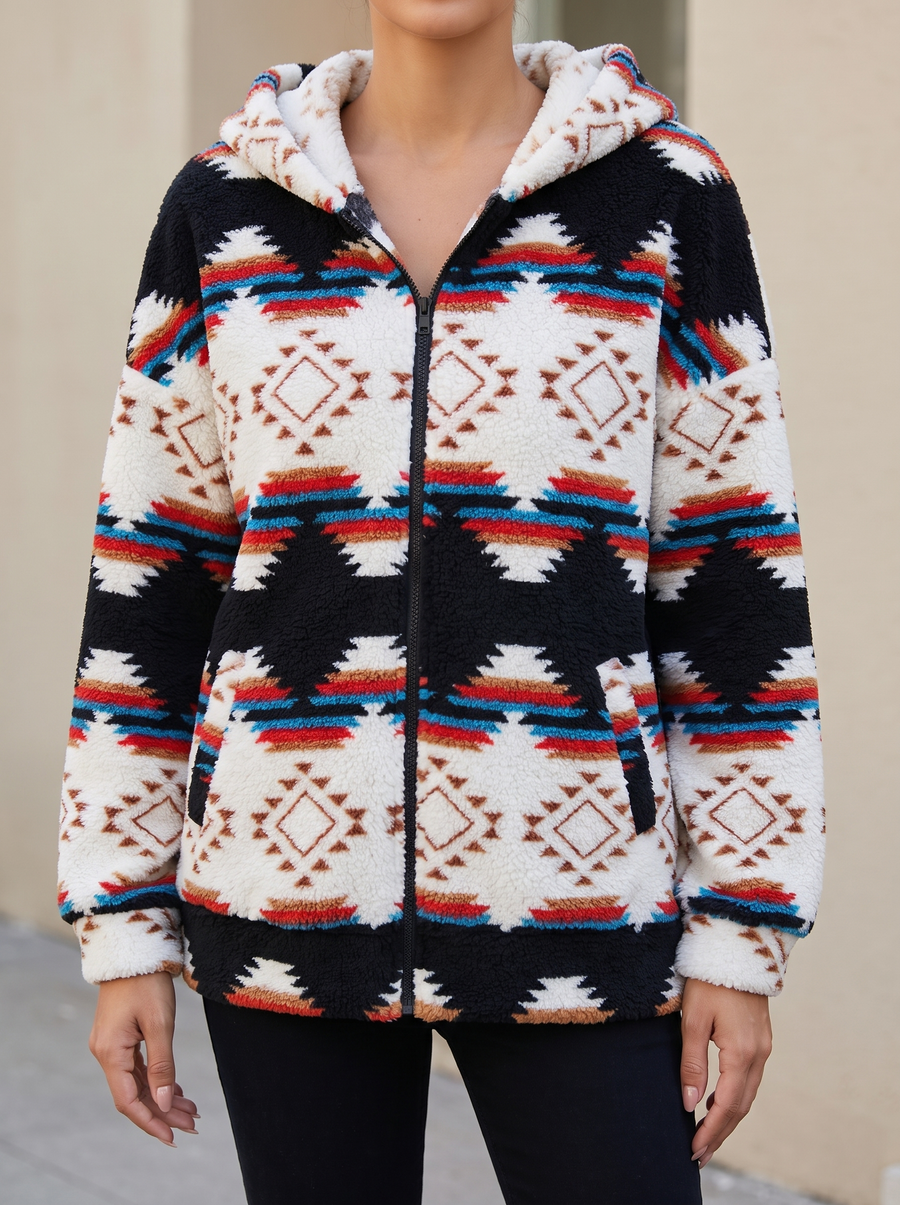 Zephyrine | Shawl-Neck Aztec Sherpa Pullover