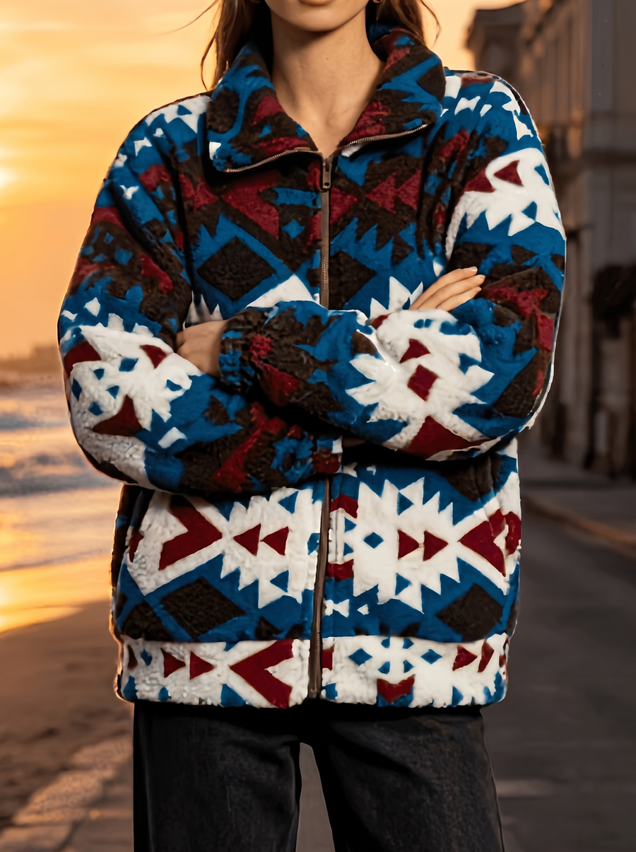 Calanthe | Teal Aztec Sherpa Jacket