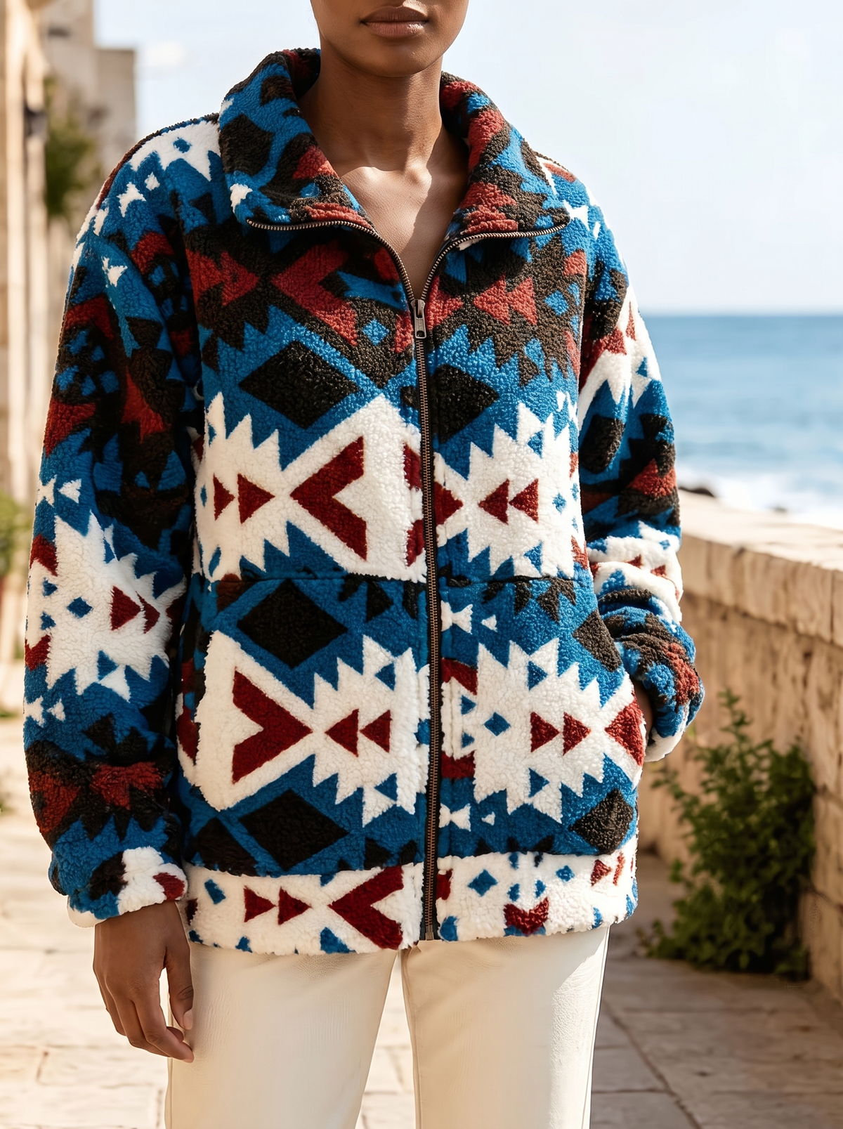 Calanthe | Teal Aztec Sherpa Jacket