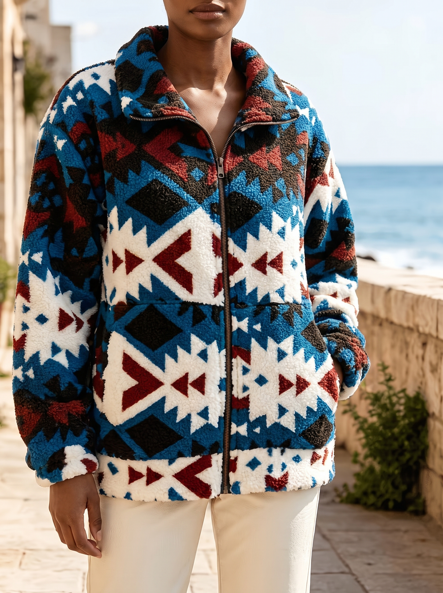 Calanthe | Teal Aztec Sherpa Jacket