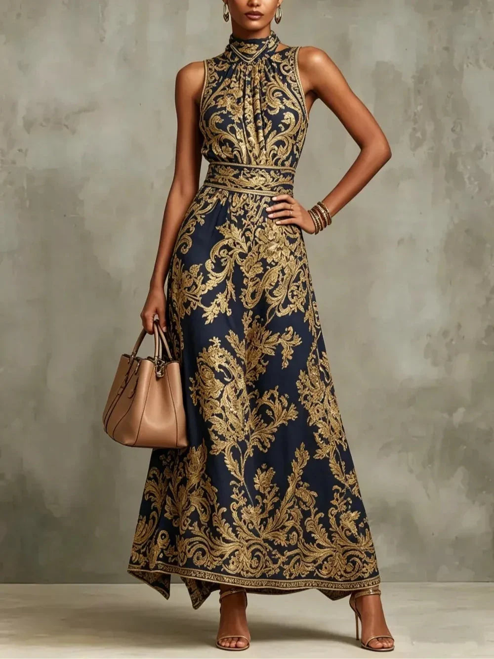 Gizelle | Gold Baroque Halter Neck Maxi Dress