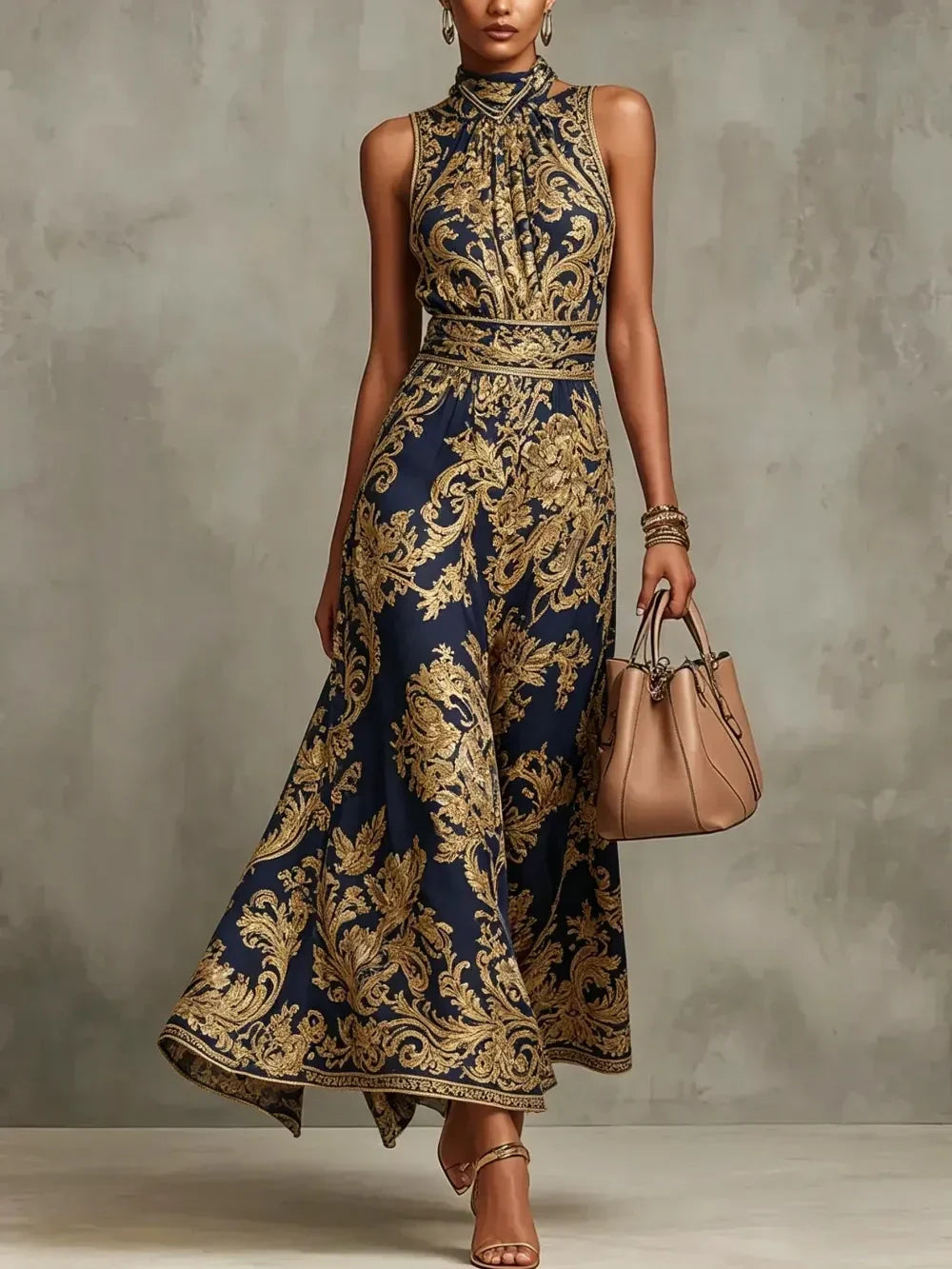 Gizelle | Gold Baroque Halter Neck Maxi Dress
