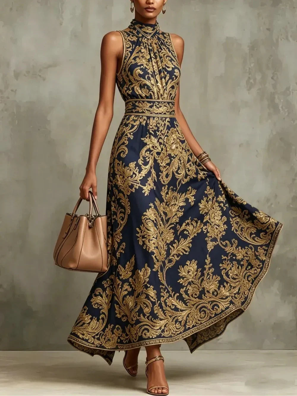 Gizelle | Gold Baroque Halter Neck Maxi Dress