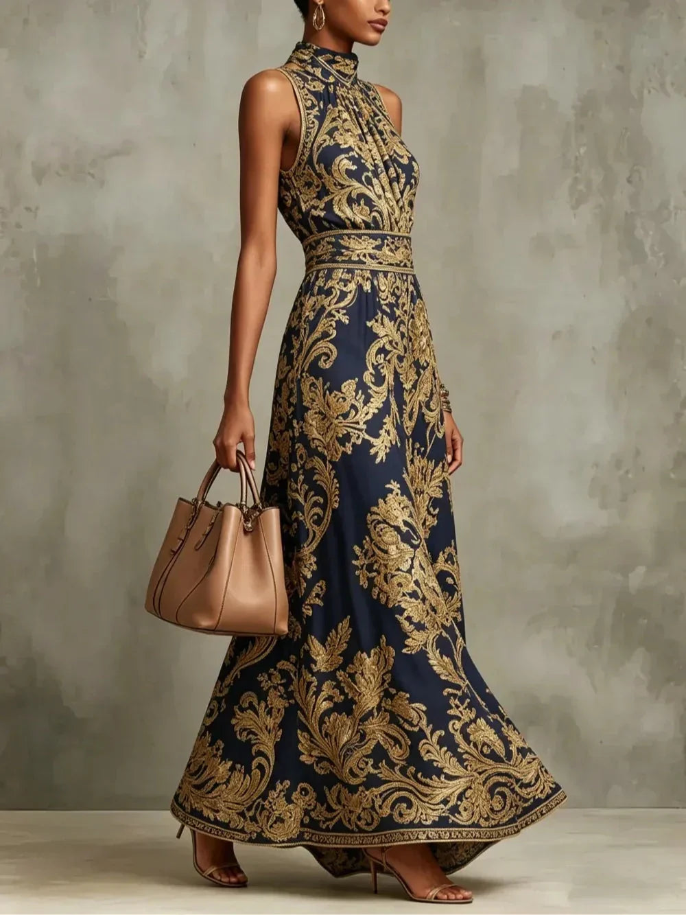 Gizelle | Gold Baroque Halter Neck Maxi Dress