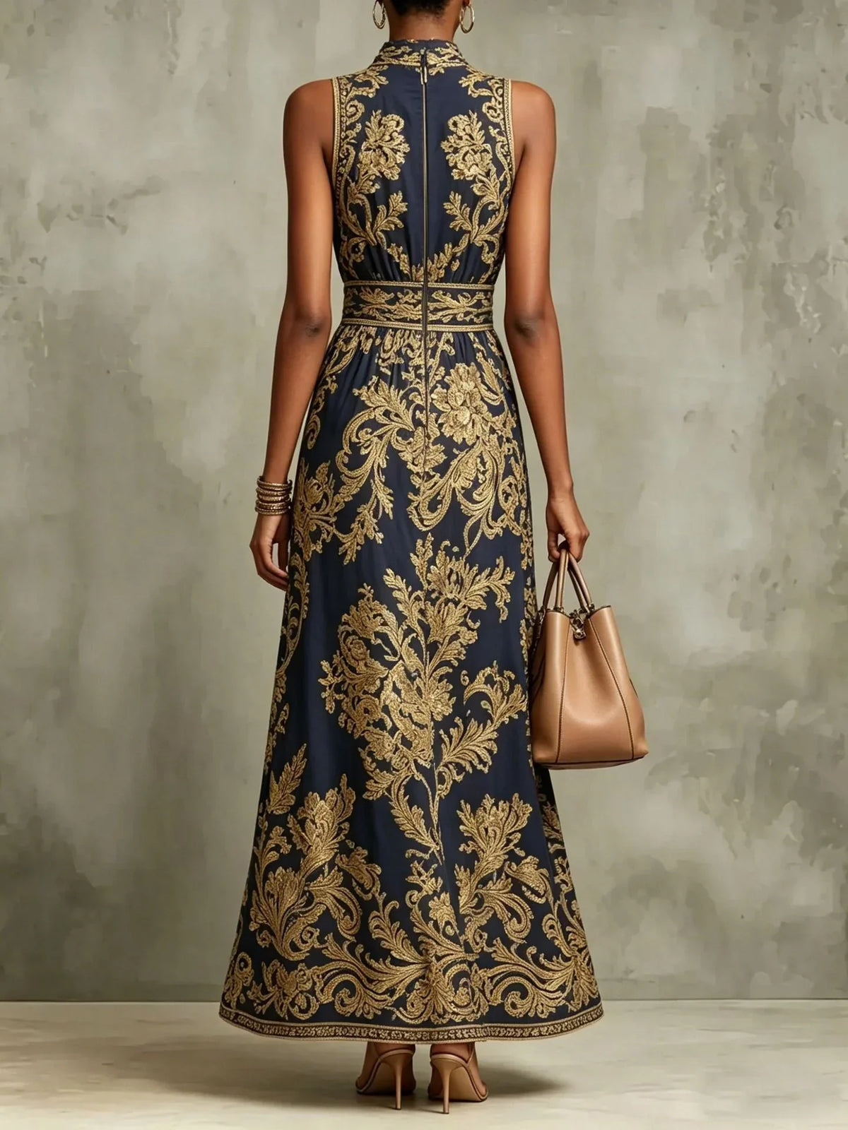 Gizelle | Gold Baroque Halter Neck Maxi Dress
