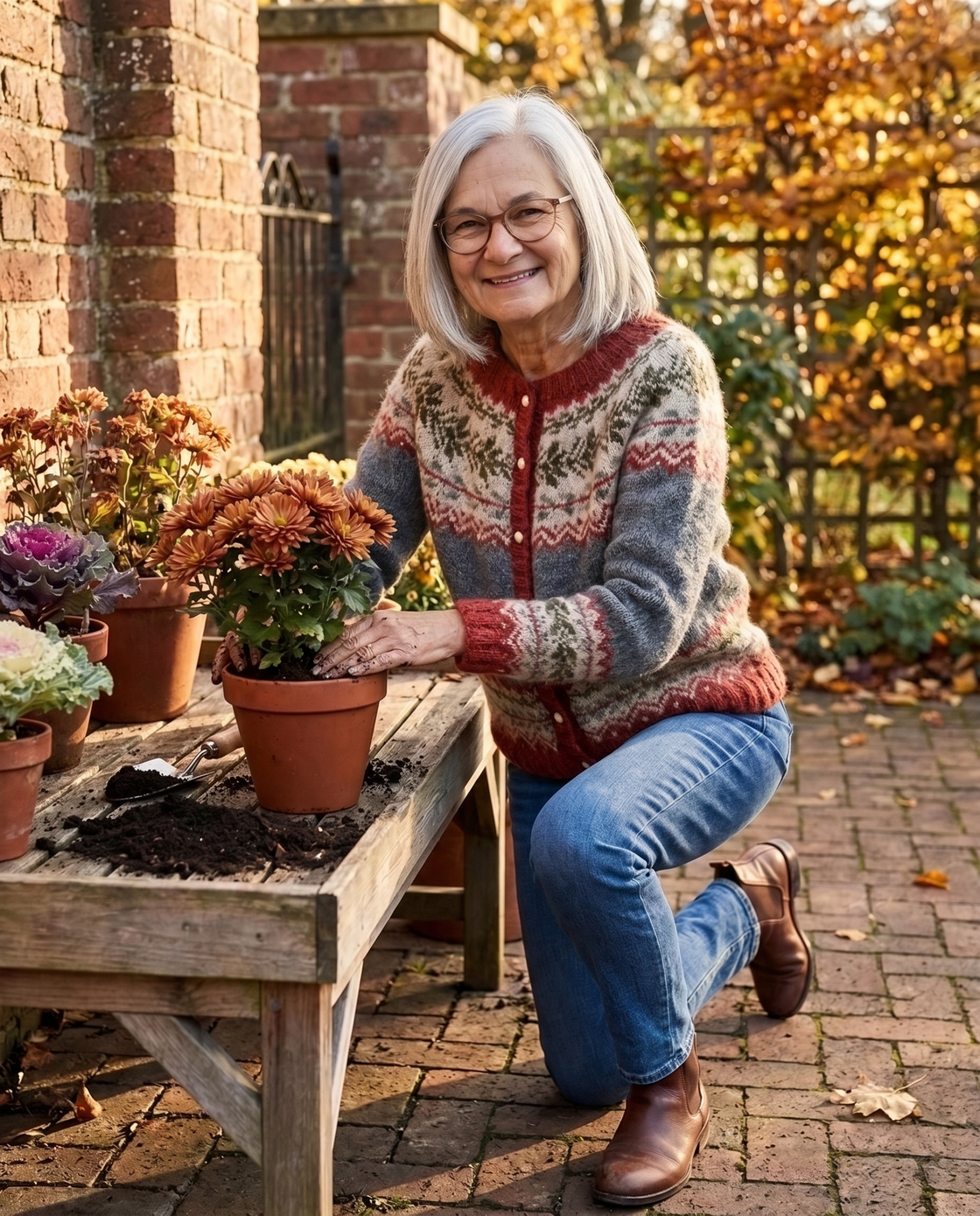 A woman in an open-front June & Louise cardigan standing on a porch in early morning light, a cup of coffee in her hands