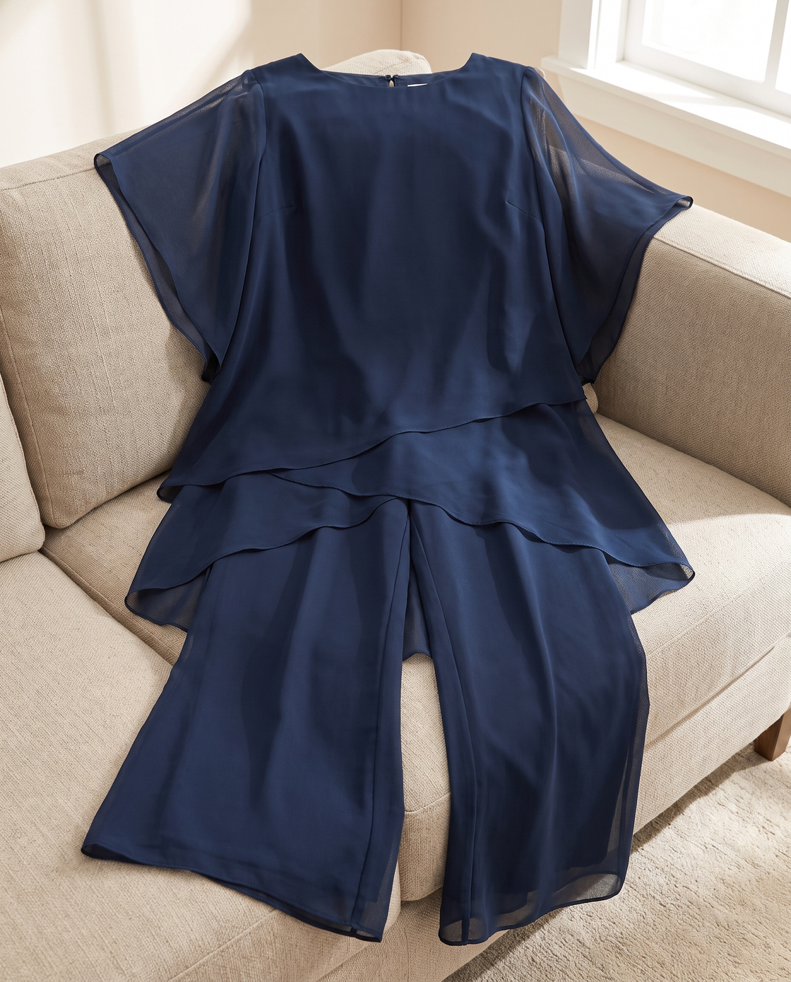 The Elara Set laid flat on a sofa, showing the drape of the double-layer top and the width of the palazzo pants.