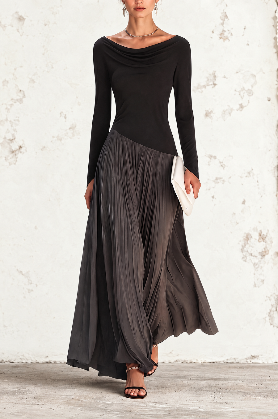 Fabiola | Pleated Draped-Neck Maxi Dress