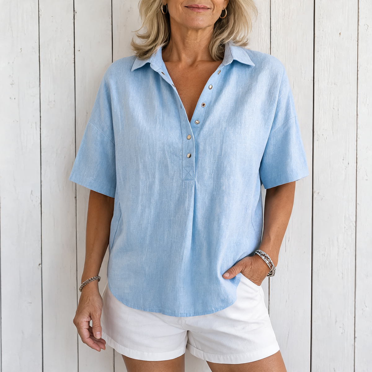 Ava | Collared Button Blouse - Light Blue