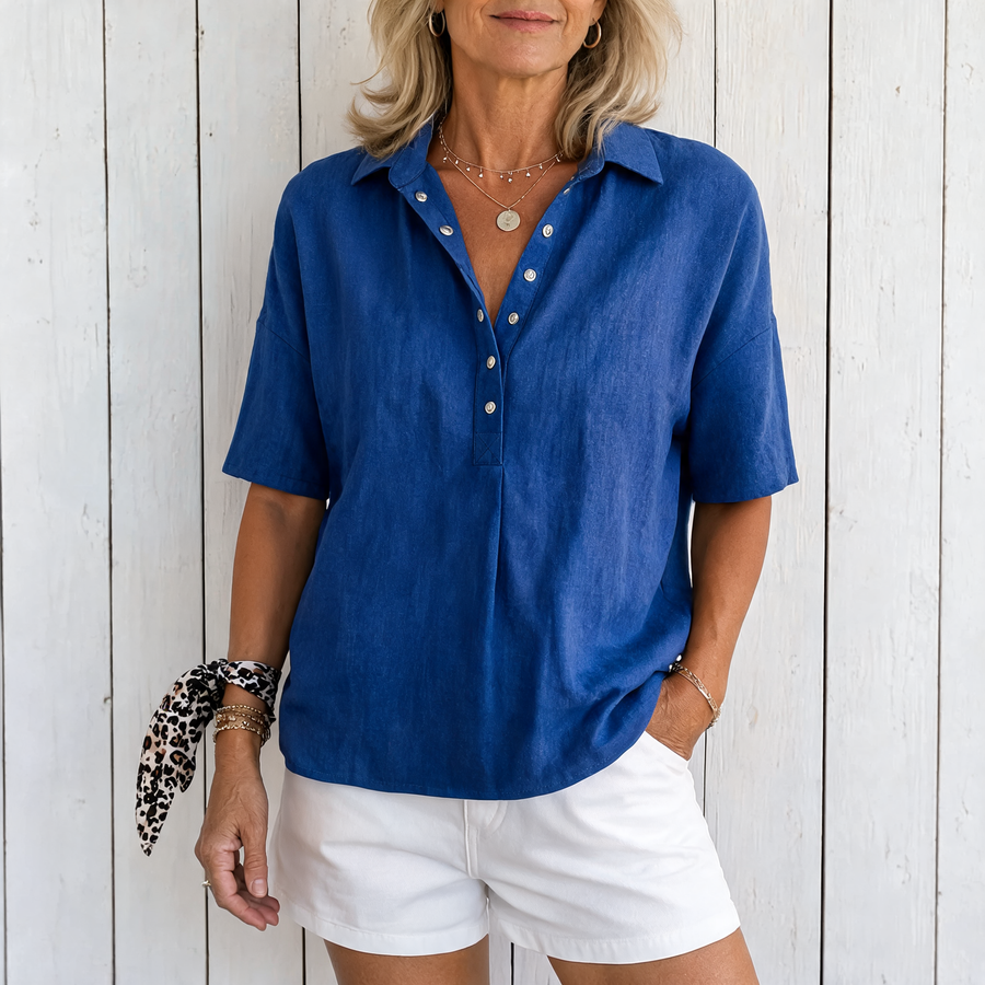 Ava | Collared Button Blouse - Blue