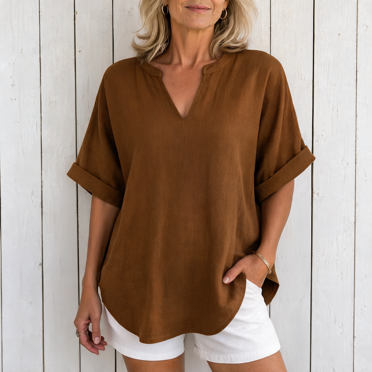 Emma | Casual Short Sleeve Blouse - Brown