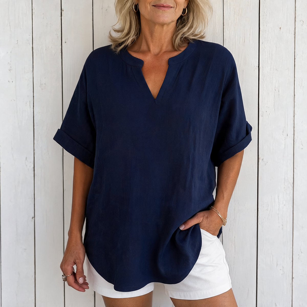 Emma | Casual Short Sleeve Blouse - Navy Blue