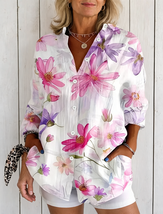 Delilah | Vibrant Artistic Button-Up Blouse - White