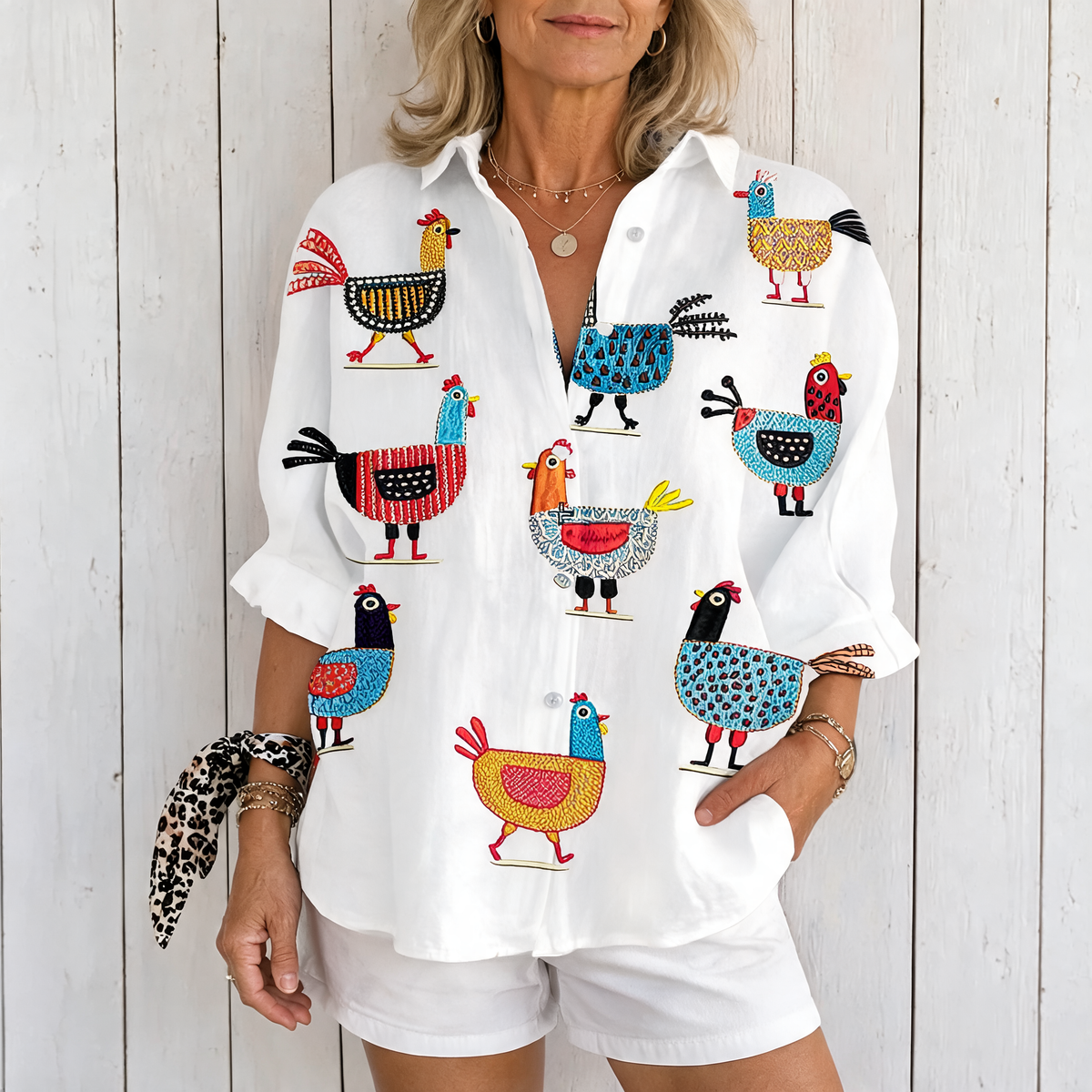 Ingrid | Playful Hen Blouse - Multicolor
