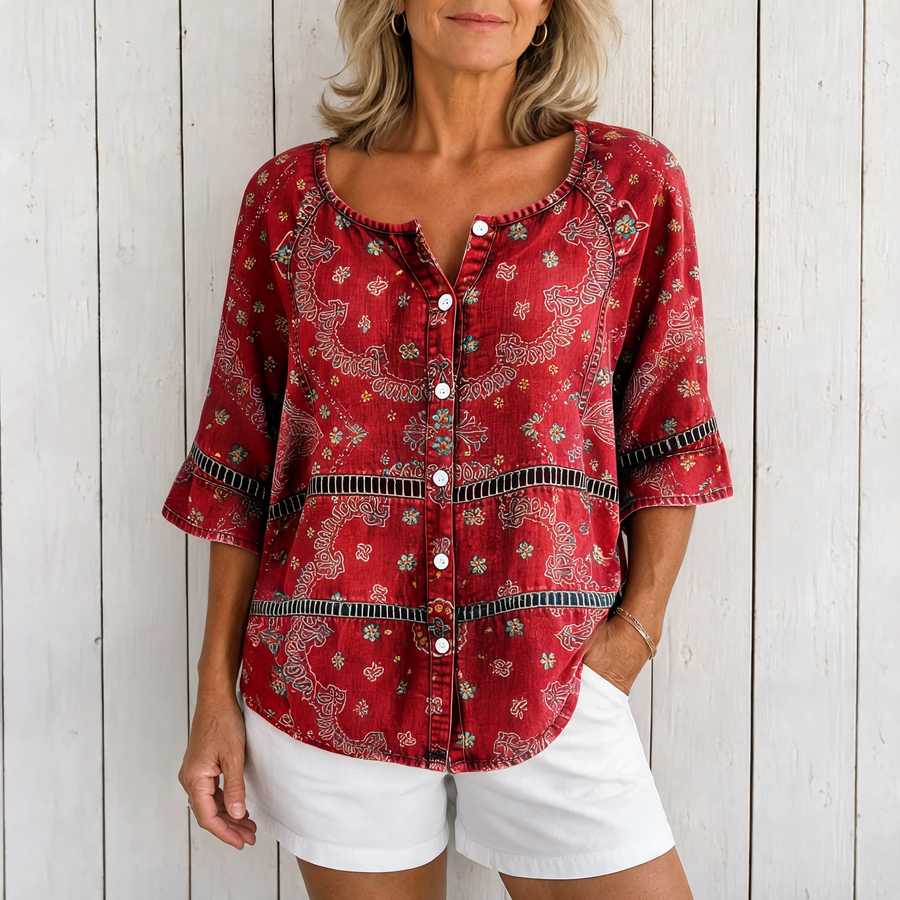 Rosa | Vintage Ethnic Print Blouse - Red