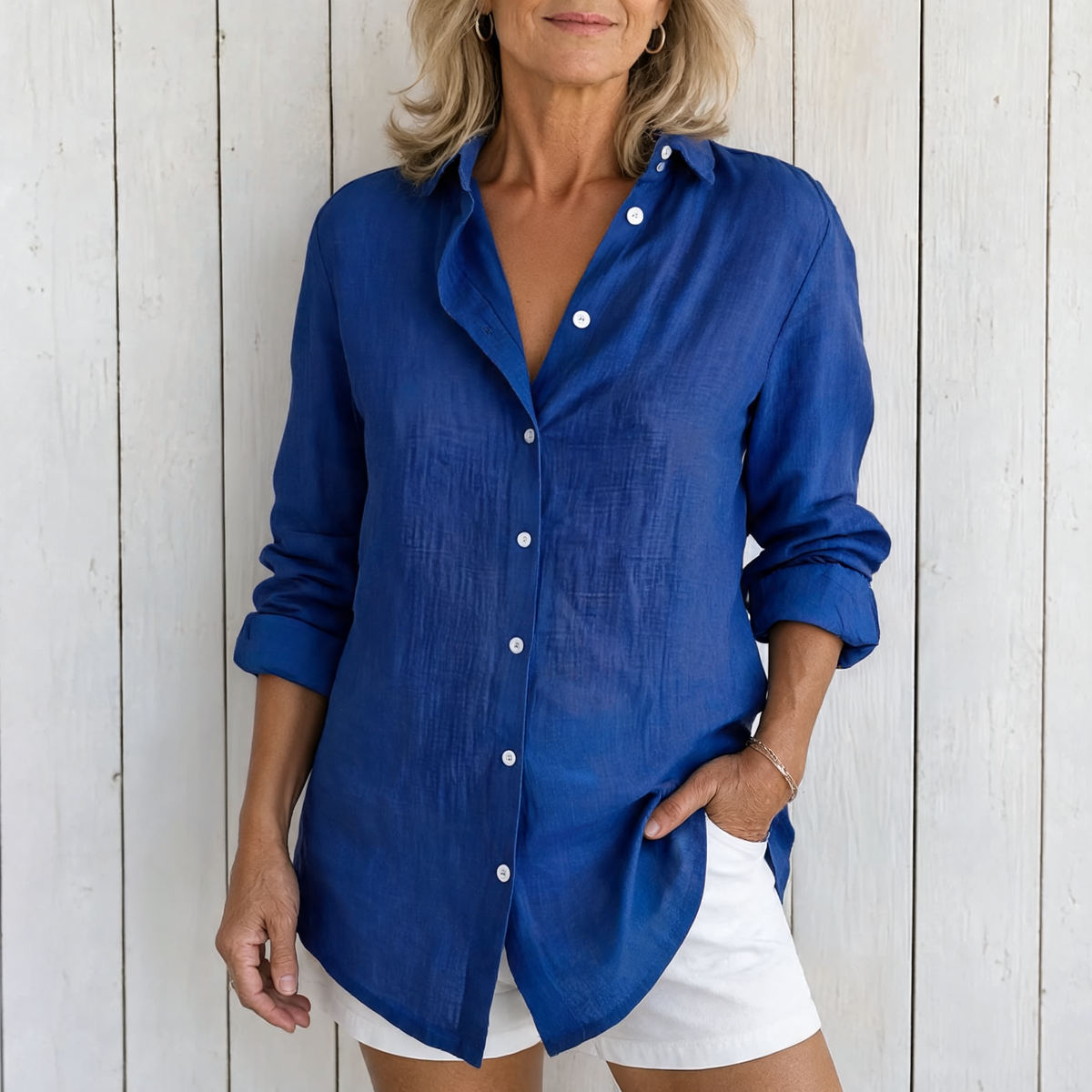 Victoria | Elegant Solid Button Shirt - Blue