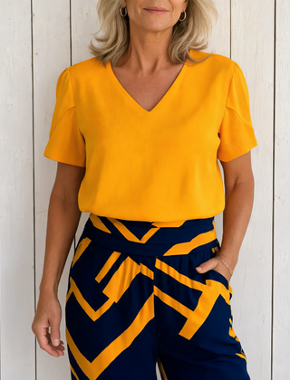 Jennifer | Stylish Blouse and Pants Set - Yellow-Blue Print