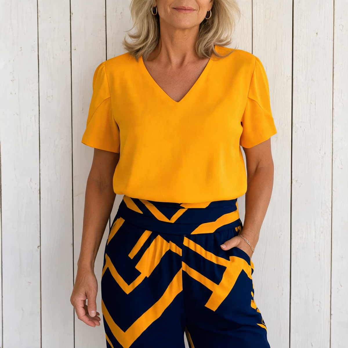 Jennifer | Stylish Blouse and Pants Set - Yellow-Blue Print