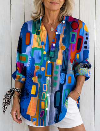 Catalina | Vibrant Artistic Button-Up Blouse - Blue