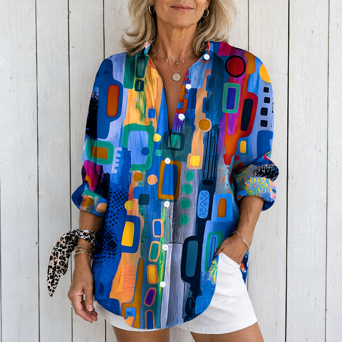 Catalina | Vibrant Artistic Button-Up Blouse - Blue
