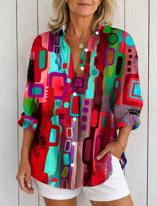 Catalina | Vibrant Artistic Button-Up Blouse - Red