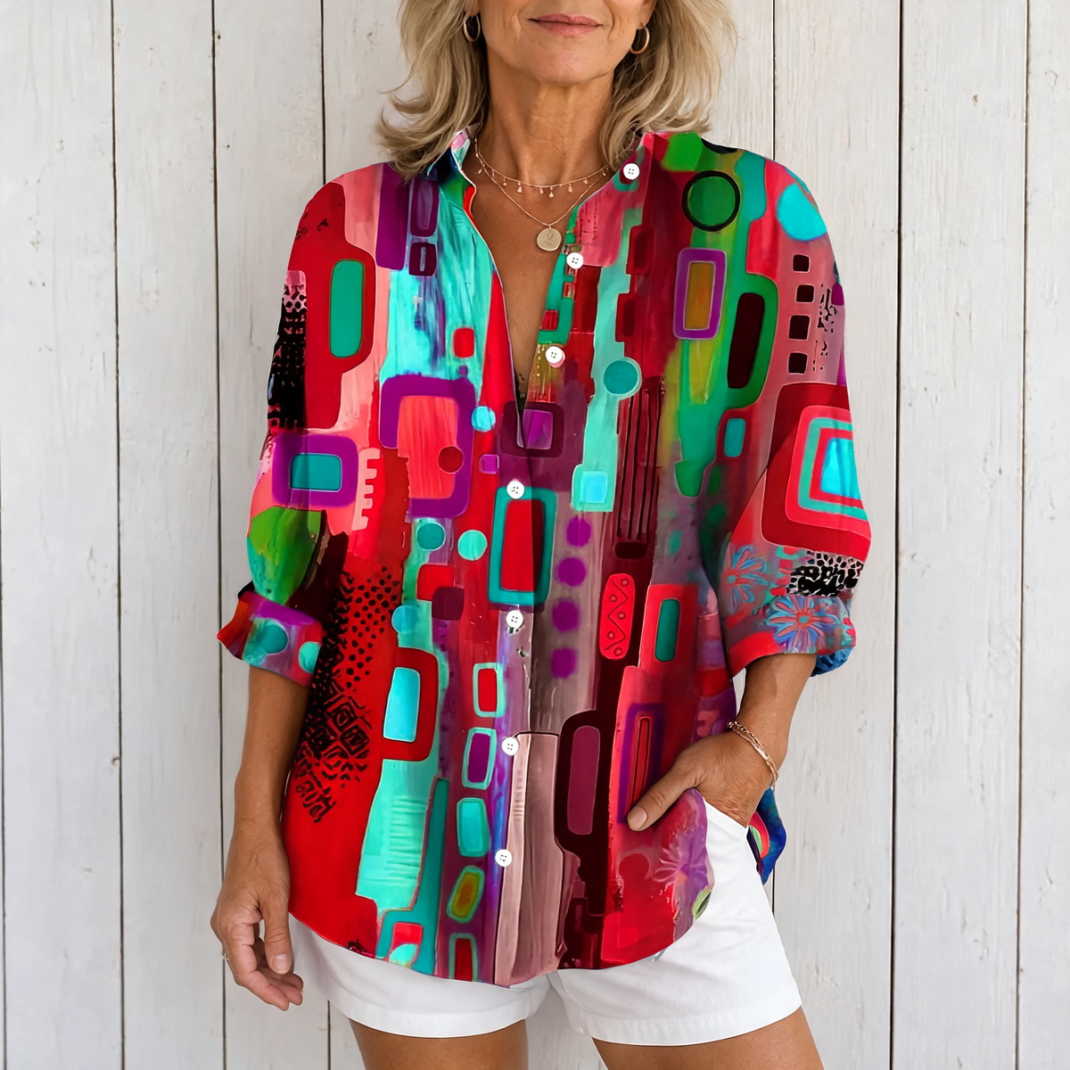 Catalina | Vibrant Artistic Button-Up Blouse - Red