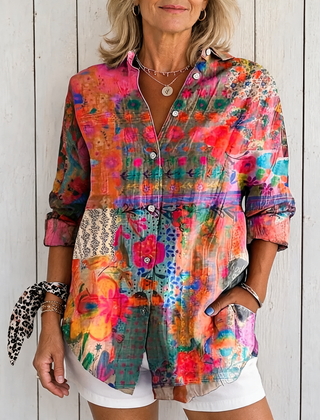 Anica | Vibrant Artistic Button-Up Blouse - Orange