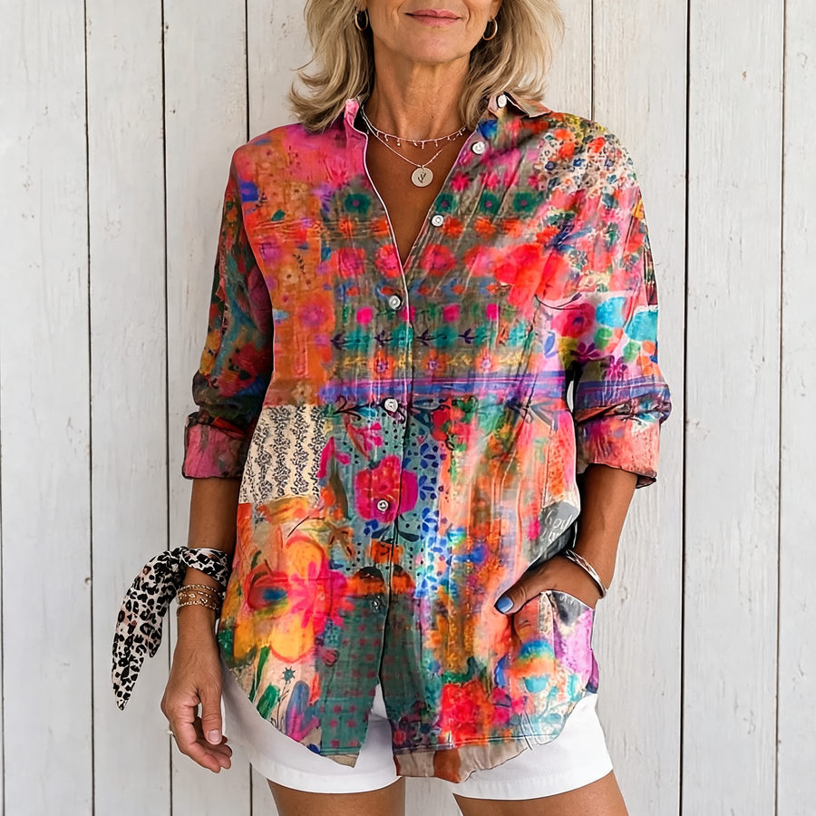 Anica | Vibrant Artistic Button-Up Blouse - Orange