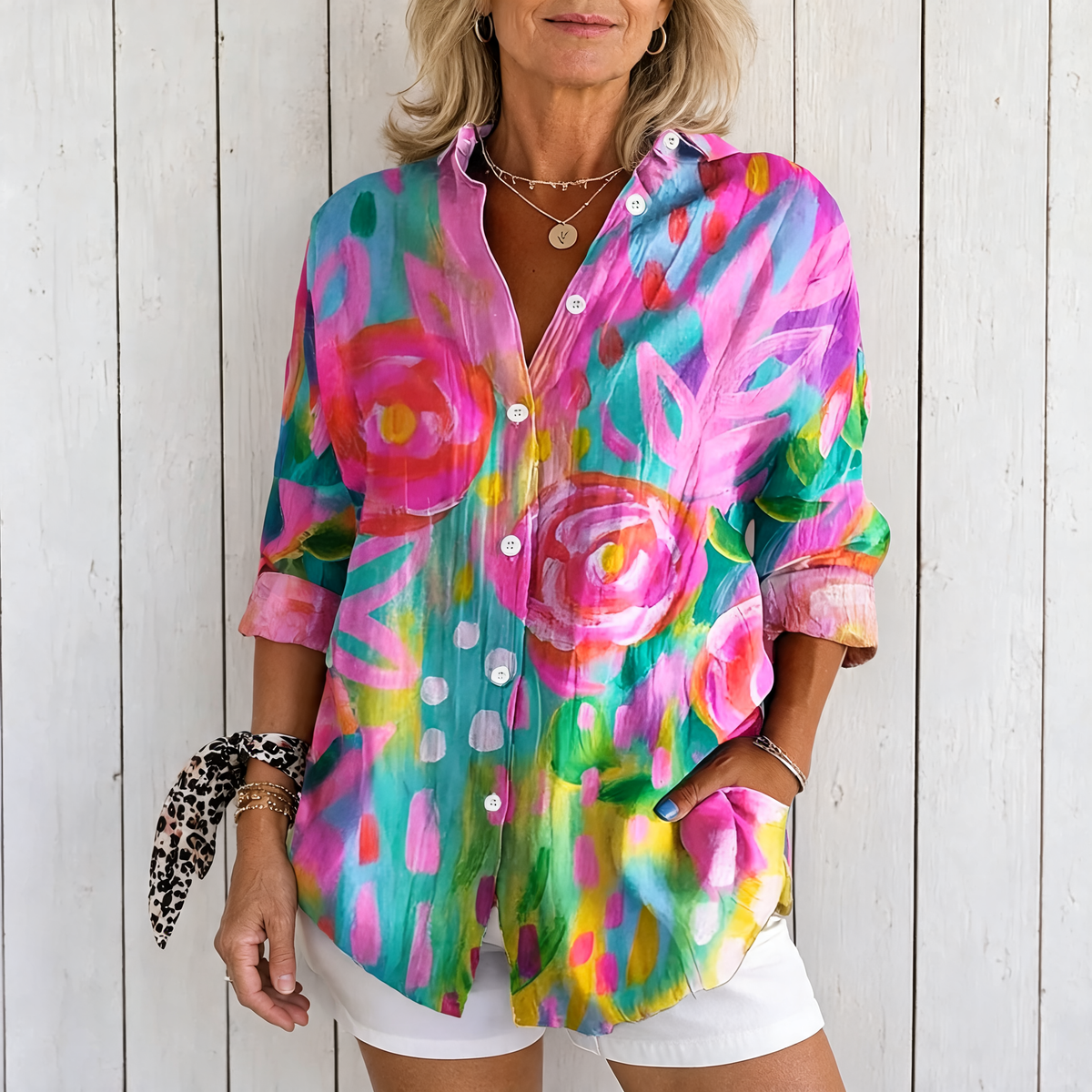 Anica | Vibrant Artistic Button-Up Blouse - Pink