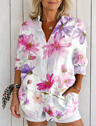 Anica | Vibrant Artistic Button-Up Blouse - White