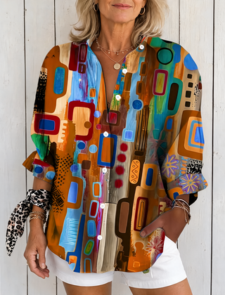 Catalina | Vibrant Artistic Button-Up Blouse - Orange