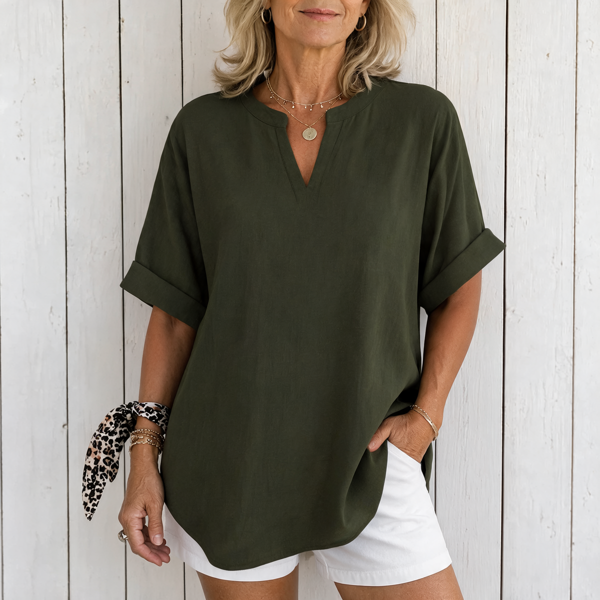 Emma | Casual Short Sleeve Blouse - Army Green