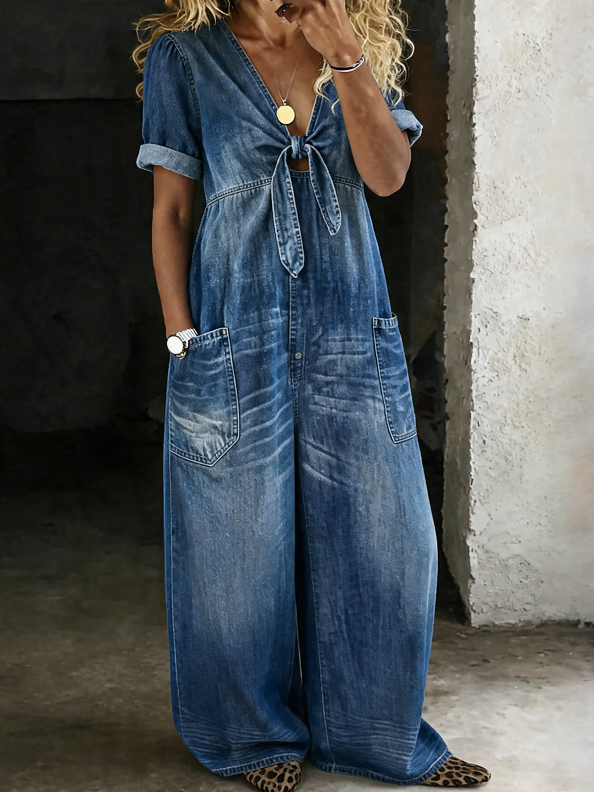 Solmira - Relaxed Tie-Front Denim Jumpsuit