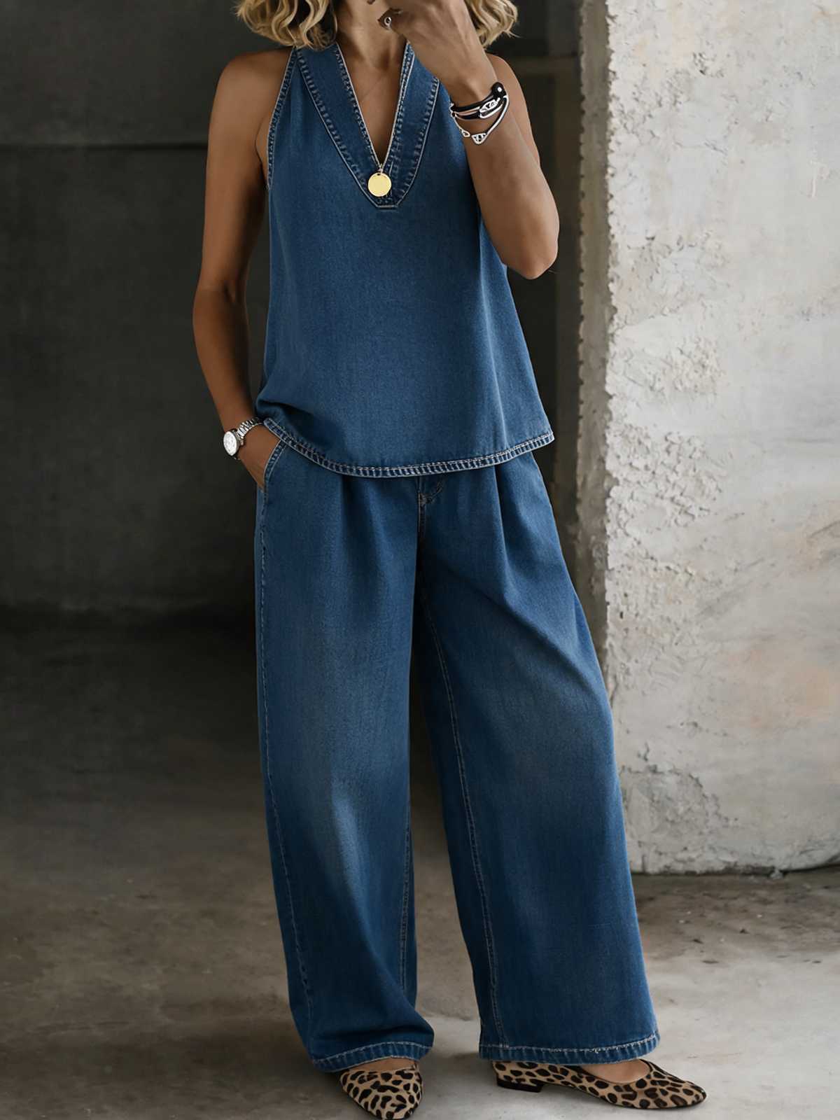 Lena - Relaxed Halter Denim Lounge Set